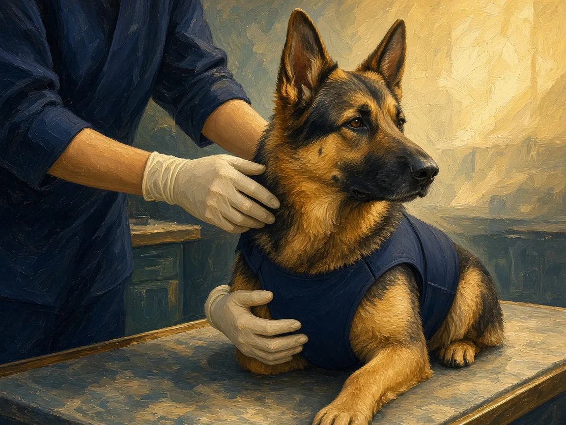 Illustration of a veterinarian examining a shepherd dog